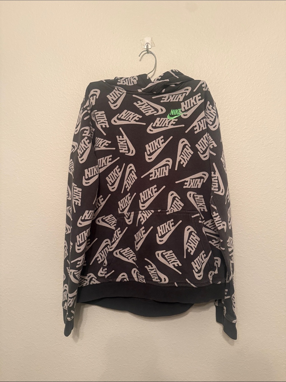 Nike Black Hoodie with White Allover Logo and Green Accent